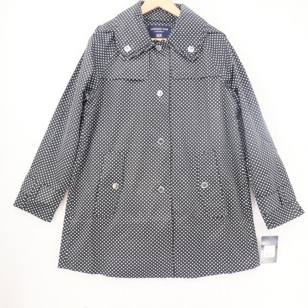 NEW London Fog Women's Small Belted Trench Coat Rain Jacket Black White Dot - Picture 2 of 15